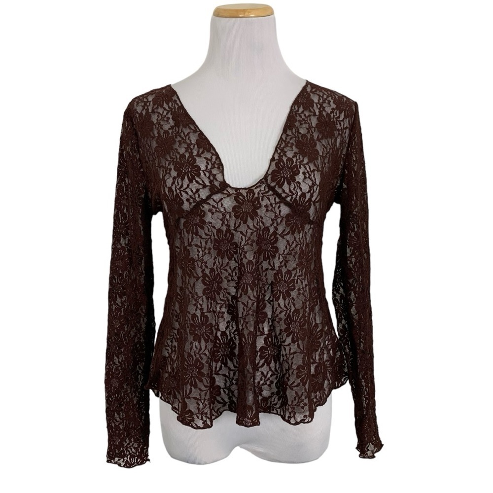 Shein All Lace Stretch Deep V Neck Floral Top Lettuce Trim Retro 90s Y2K Style